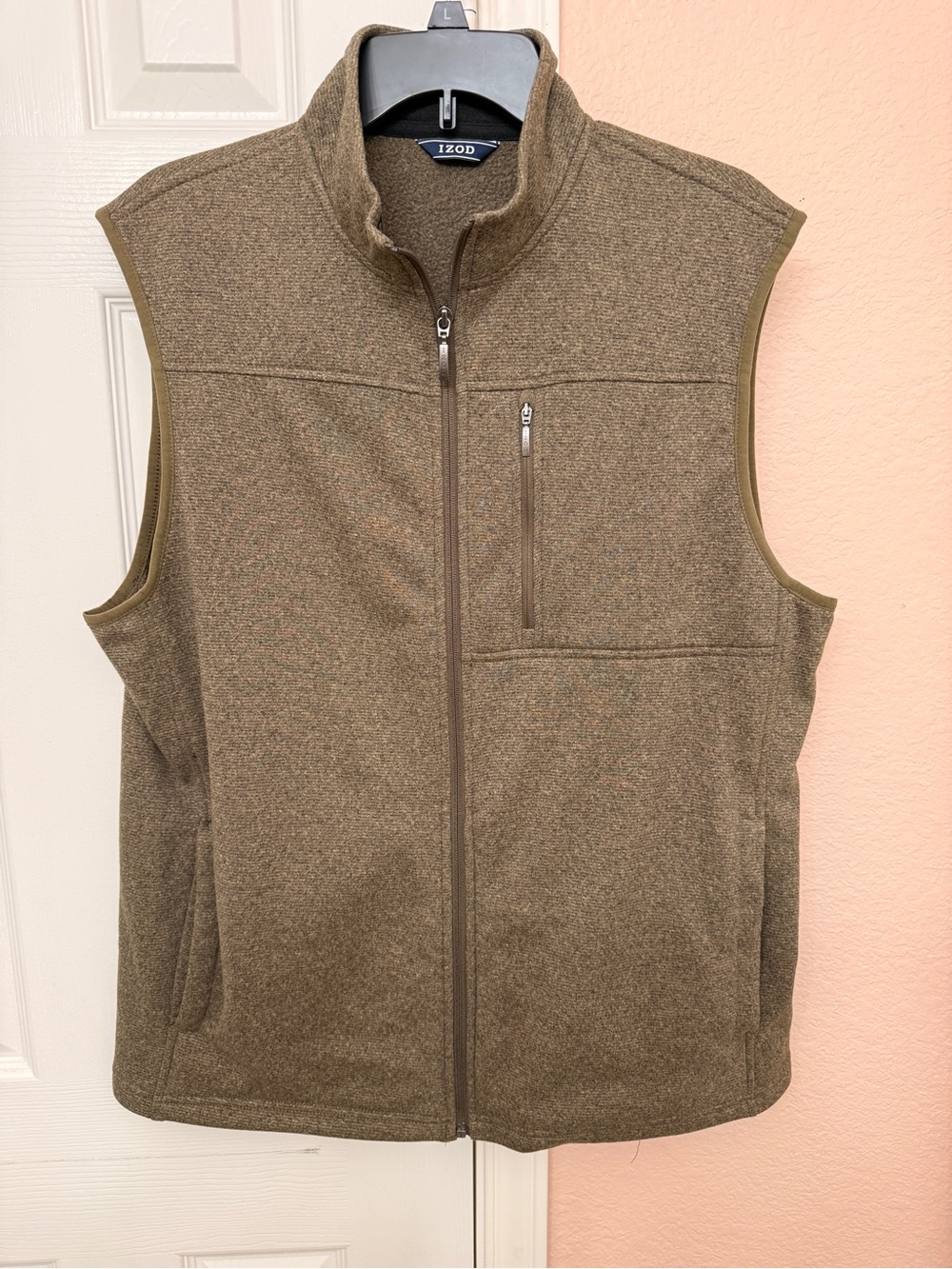 IZOD Large Heathered Brown Sweater Fleece Full Zip Vest Mens Sleeveless Jacket